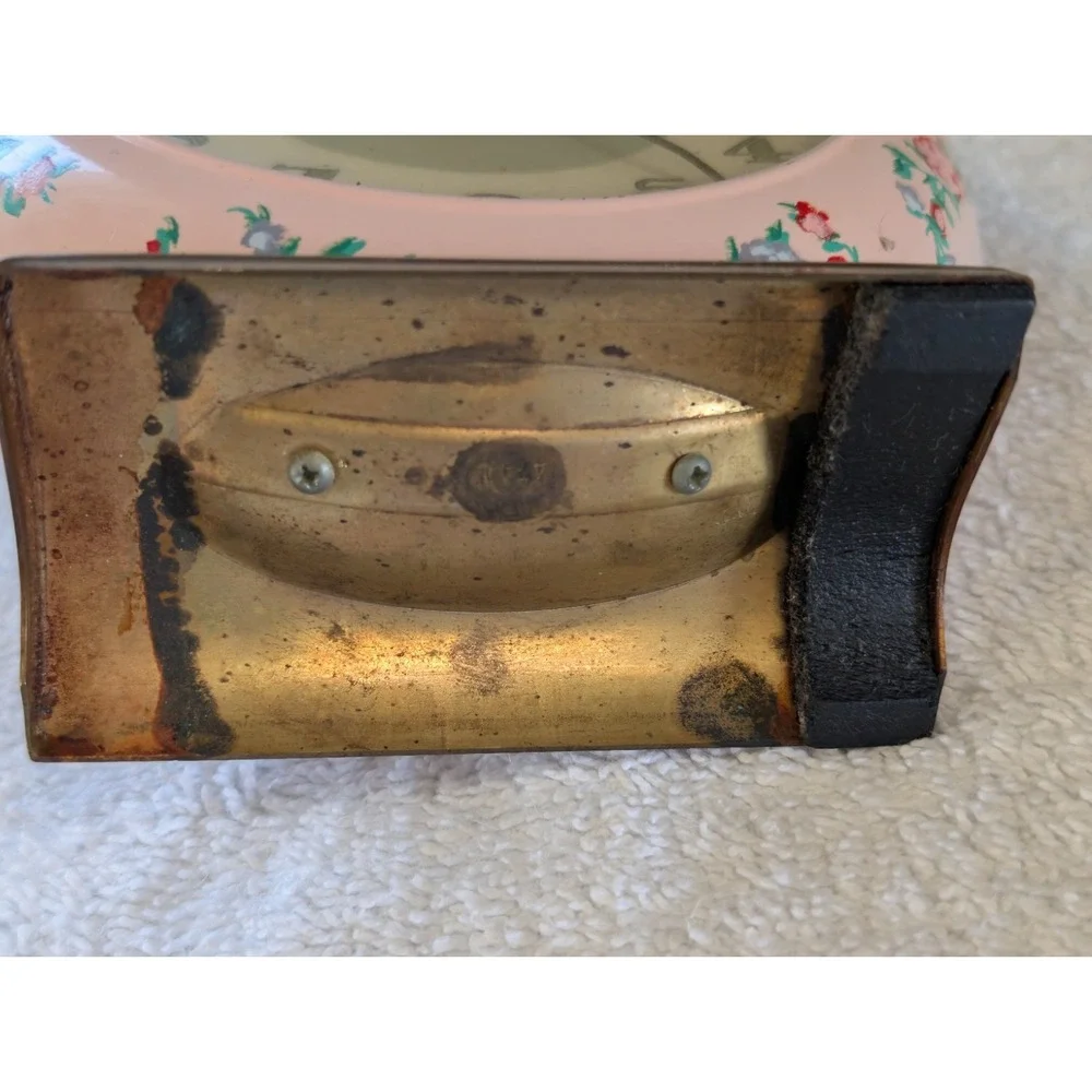 Vintage Retro Mid Century Wind Alarm Clock Round Pink Rose Flower US Time Rare